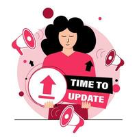 Time To Update. Vector illustration with girl who holding the label