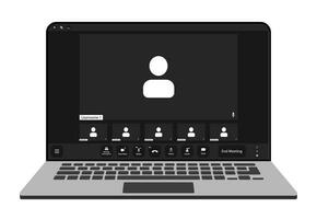 Videocall interface, video call screen icons and UI template for laptop, vector overlay. Video conference or videocall online chat mockup for laptop application with call buttons