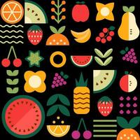 Geometric summer fruit seamless pattern. Mosaic abstract berries and leaf repeat background. Minimal fresh fruits shapes on black. Cute food vector wallpaper, package design, wrapping, print, textile.