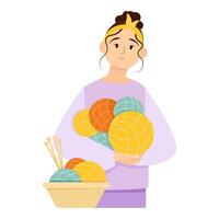 Young flat woman with balls of yarn vector