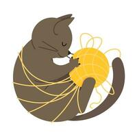 A cute gray cat plays with a yellow ball of yarn and gets tangled in the threads vector