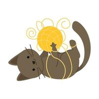 Cute flat cat plays with a ball of yarn and gets tangled in the threads vector