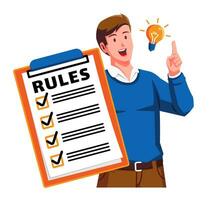 a Man holding a Clipboard with Rules Checklist and light blub vector