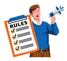 a Man holding a Clipboard with Rules Checklist and megaphone vector