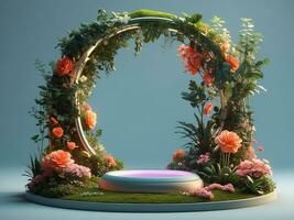 AI generated 3d render, empty marble stage with floral arch decorated photo