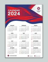 Wall calendar 2024 template on red wave background, calendar 2024 design, desk calendar 2024 design, Week start Sunday, flyer, Set of 12 Months, organizer, planner, printing media vector