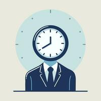 business man with head clock, time management, discipline, stress pressure, headache, depression concept flat cartoon vector character. deadline over time employee worker busy schedule illustration