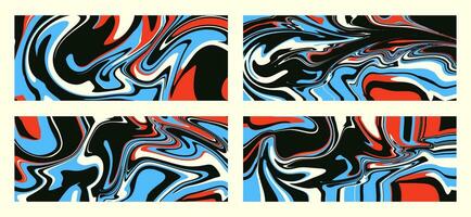 Set of wavy trippy patterns in psychedelic colors. Vector abstract background. Aesthetic texture with flowing waves in the style of the 1970s.