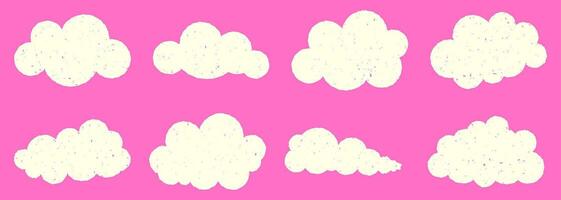 Set of simple scribble white clouds naive art. Collection of hand-drawn kawaii elements on pink background for chat, announcement, comments. vector