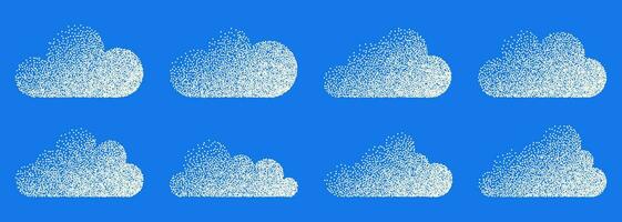 A set of simple clouds with noise effect for retro collages. Collection of elements with halftone dots effect. vector