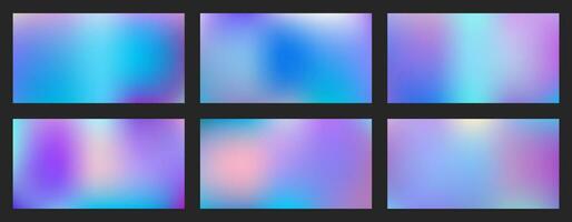 Set of gradient backgrounds. Vector, dreamy backdrop, neon design element. Fashionable holographic defocused texture. Digital gradient paper in Funky Cool Tech style. vector