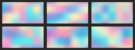 Set of gradient backgrounds. Vector, dreamy backdrop, neon design element. Fashionable holographic defocused texture. Digital gradient paper in Funky Cool Tech style. vector