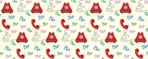 Old telephone in scribble style. Vector seamless pattern of naive art with scuff marks.