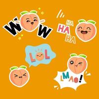 Funny lol stickers concept with peach character. Hand drawn style vector design illustrations.