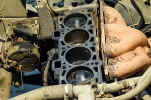 Disassembled car engine. Engine repair VAZ. Old car. photo