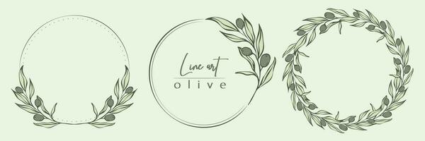 Botanical line illustration set of olive leaves, branch wreath for wedding invitation and cards, logo design, web, social media and posters template. Elegant minimal style floral vector isolated.