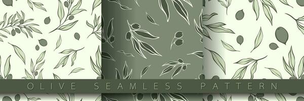 Set of seamless pattern with olive Branch in Minimal Liner Style. Vector Floral Backgrounds for Wedding invitations, greeting cards, print on fabric, wallpapers, scrapbooking, gift wrap and more.