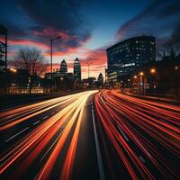 ai generado un ciudad horizonte con luces en un autopista foto