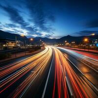 ai generado un ciudad horizonte con luces en un autopista foto