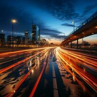 AI generated A city skyline with lights on a highway photo