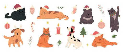 Merry christmas and happy new year concept background vector. Collection drawing of cute dog and cat with decorative scarf, hat. Design suitable for banner, invitation, card, greeting, banner, cover. vector