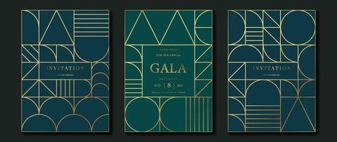 Luxury invitation card background vector. Elegant classic antique design, gold lines gradient on dark blue and green background. Premium design illustration for gala card, grand opening, art deco. vector