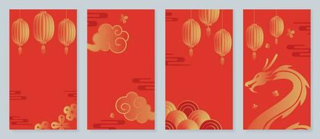 Chinese New Year 2024 card background vector. Year of the dragon design with golden dragon, lantern, coin, flower, fan, pattern. Elegant oriental illustration for cover, banner, website, calendar. vector