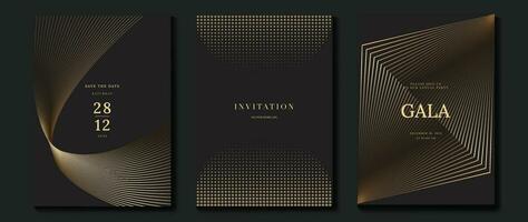 lujo invitación tarjeta antecedentes vector. dorado elegante geométrico forma, oro línea degradado, trama de semitonos en oscuro antecedentes. prima diseño ilustración para gala tarjeta, grandioso apertura, fiesta invitación. vector