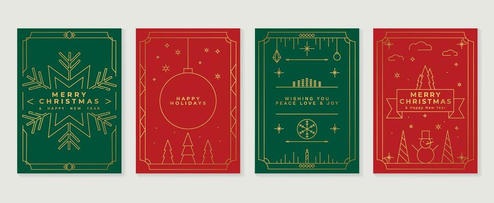 Luxury christmas invitation card art deco design vector. Christmas tree, bauble ball, snowflake, snowman line art on green and red background. Design illustration for cover, poster, wallpaper.