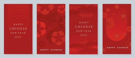 Chinese New Year 2024 card background vector. Year of the dragon design with cloud, wind, flower, pattern. Elegant oriental illustration for cover, banner, website, calendar. vector