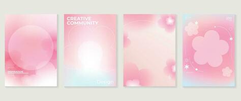 Aesthetic poster design set. Cute gradient holographic background vector with geometric shape, gradient mesh flower. Beauty ideal design for social media, cosmetic product, promote, banner, ads.