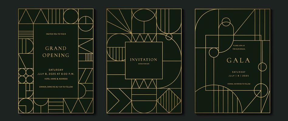 Luxury invitation card background vector. Elegant classic antique design, gold lines gradient on dark green background. Premium design illustration for gala card, grand opening, art deco.