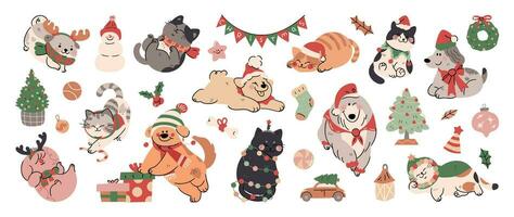 Merry christmas and happy new year concept background vector. Collection drawing of cute dog and cat with decorative scarf, hat. Design suitable for banner, invitation, card, greeting, banner, cover. vector