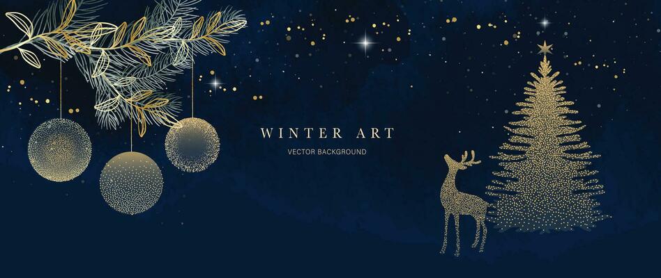 Luxury christmas and happy new year concept background vector. Elegant glittering gold christmas tree decorated with stars on dark blue bokeh background. Design for wallpaper, card, cover, poster.
