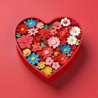 AI generated a 3d heart shaped box with flowers on isolated RED background. generated with AI photo