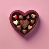 ai generado un 3d corazón conformado caja con chocolates en aislado rosado antecedentes. generado con ai foto