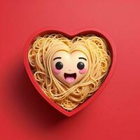 AI generated a 3d heart shaped box with noodles on isolated red background. generated with AI photo