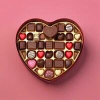 AI generated a 3d heart shaped box with chocolates on isolated pink background. generated with AI photo