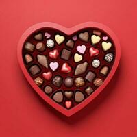 AI generated a 3d heart shaped box with chocolates on isolated red background. generated with AI photo