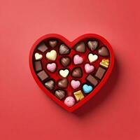 AI generated a 3d heart shaped box with chocolates on isolated red background. generated with AI photo