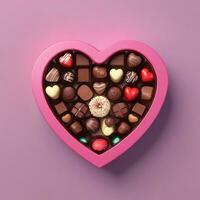 AI generated a 3d heart shaped box with chocolates on isolated pink background. generated with AI photo