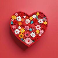 AI generated a 3d heart shaped box with flowers on isolated RED background. generated with AI photo