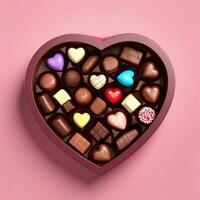 AI generated a 3d heart shaped box with chocolates on isolated pink background. generated with AI photo