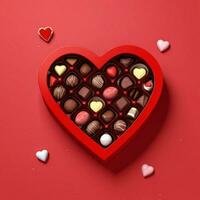 AI generated a 3d heart shaped box with chocolates on isolated red background. generated with AI photo