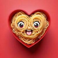 AI generated a 3d heart shaped box with noodles on isolated red background. generated with AI photo