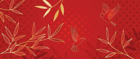 elegante chino oriental modelo antecedentes vector. elegante golondrina pájaro y bambú hojas rama dorado línea Arte en rojo antecedentes. diseño ilustración para contento nuevo año, fondo de pantalla, bandera, tarjeta. vector