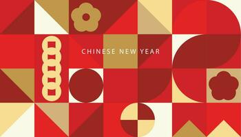 Happy Chinese New Year luxury style pattern background vector. Golden coins, oriental flower in red geometric shapes wallpaper. Oriental design for backdrop, card, poster, advertising. vector