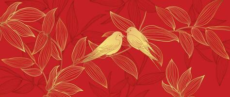 Elegant Chinese oriental pattern background vector. Elegant swallow bird and bamboo leaves branch golden line art on red background. Design illustration for happy new year, wallpaper, banner, card. vector