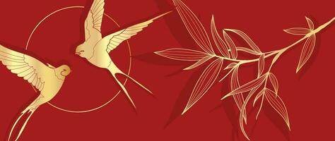 Elegant Chinese oriental pattern background vector. Elegant swallow bird and bamboo leaves branch golden line art on red background. Design illustration for happy new year, wallpaper, banner, card. vector