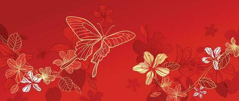 Elegant Chinese oriental pattern background vector. Elegant butterfly and cherry blossom flower golden line art on red background. Design illustration for happy new year, wallpaper, banner, card. vector